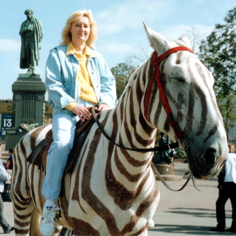 Horse painted as zebra, Moscow